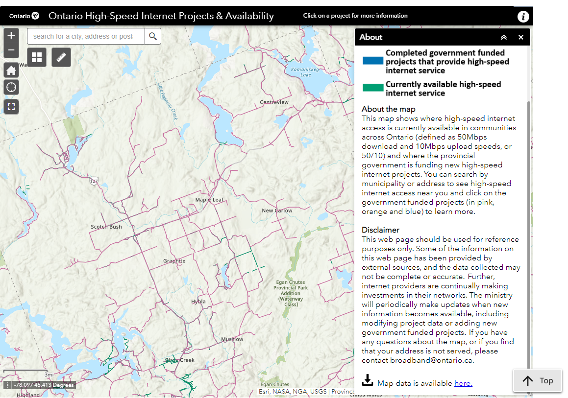 Map of government funded high speed internet service projects