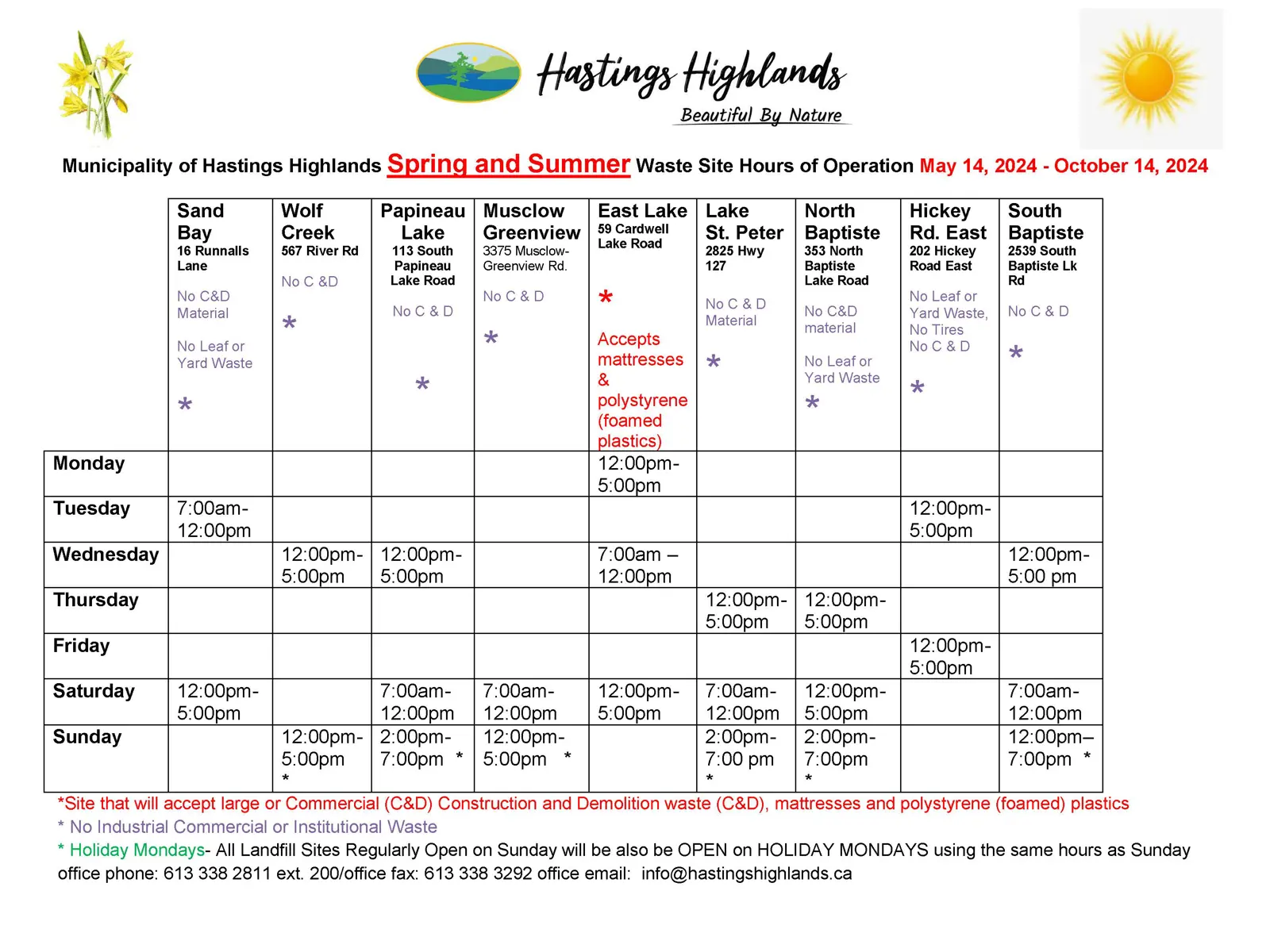 Waste Site Locations and Hours Municipality of Hastings Highlands