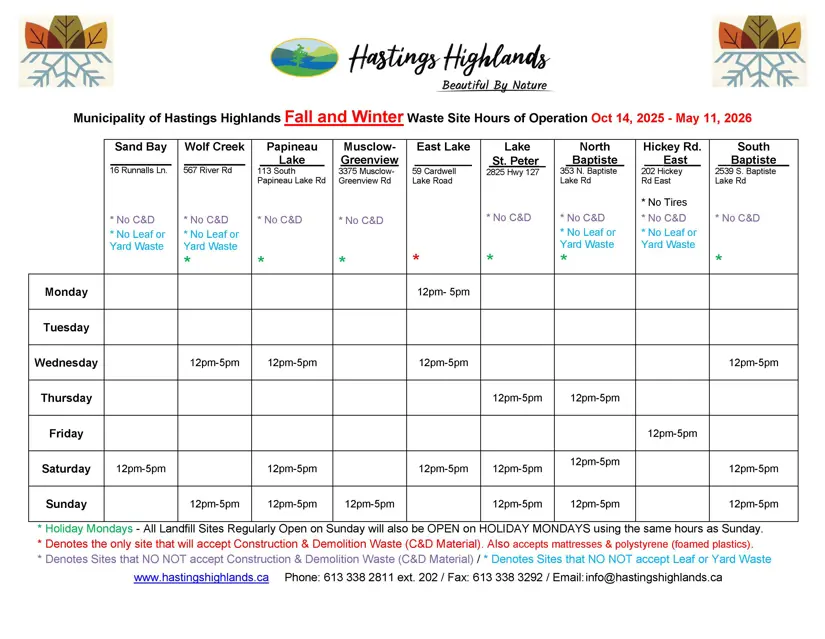 Hastings Highlands Fall And Winter Waste Site Hours Oct 14 2025 To May 11 2026